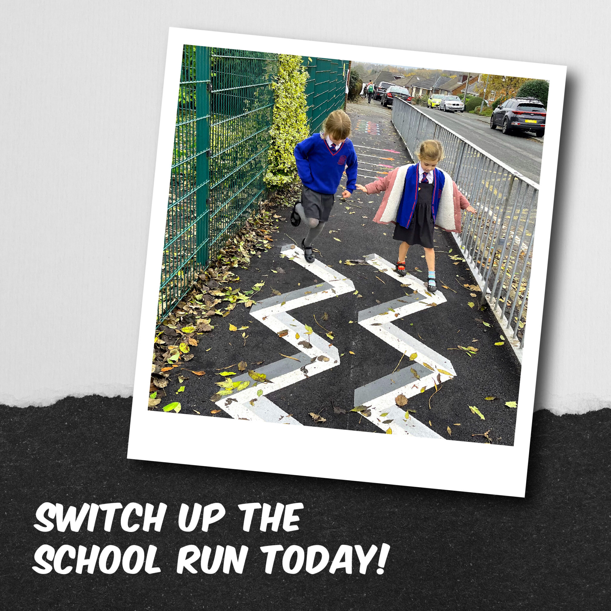 Switch up the school run graphic showing two pupils hopping along white zigzag lines on a footpath beside railings