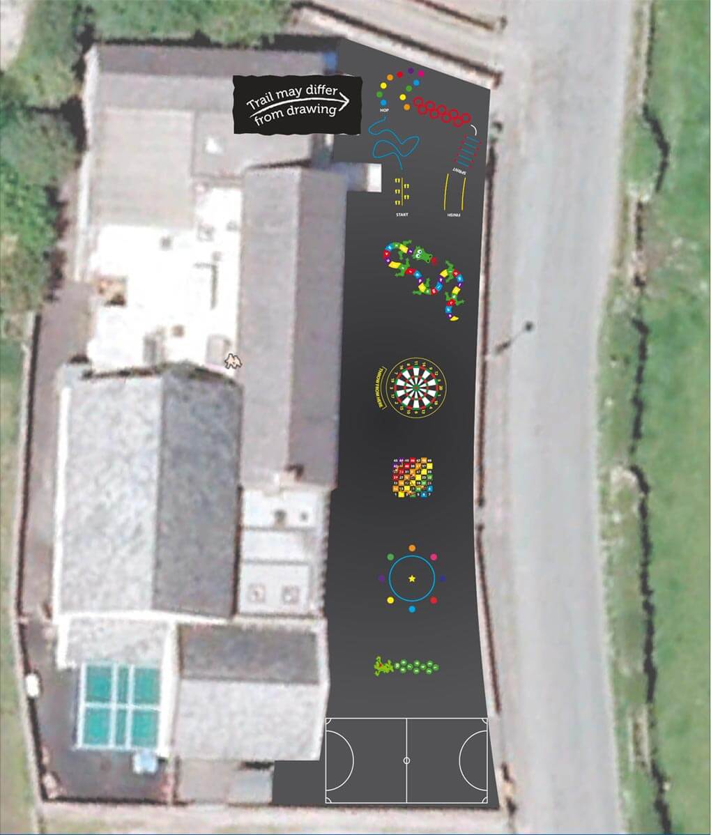 Design plan drawn over an aerial view of Brindle St James, Chorley, with a trail, number snake, dartboard and games court