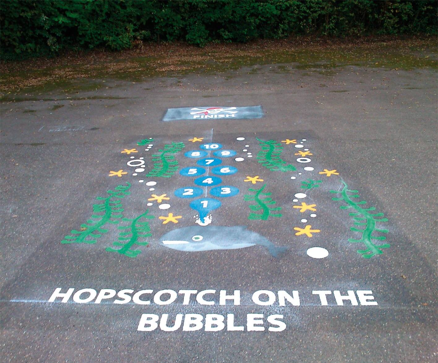 Under-the-sea HOPSCOTCH ON THE BUBBLES marking with a whale, seaweed and starfish at Coleshill Infant School