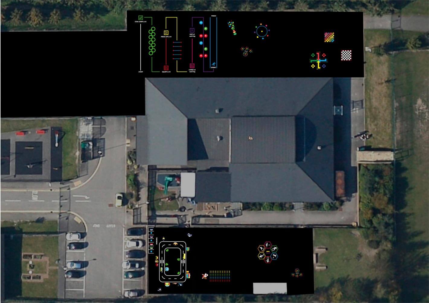 Playground design plan for Hill Top Primary School over an aerial view, with a fitness trail, games and road-safety track