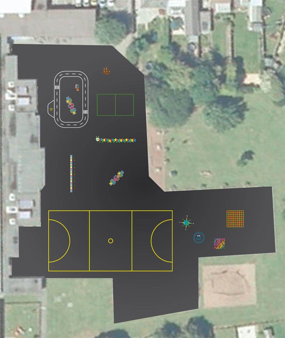Aerial design plan for Irby Primary School showing a road track, two hopscotches, a caterpillar and a yellow netball court