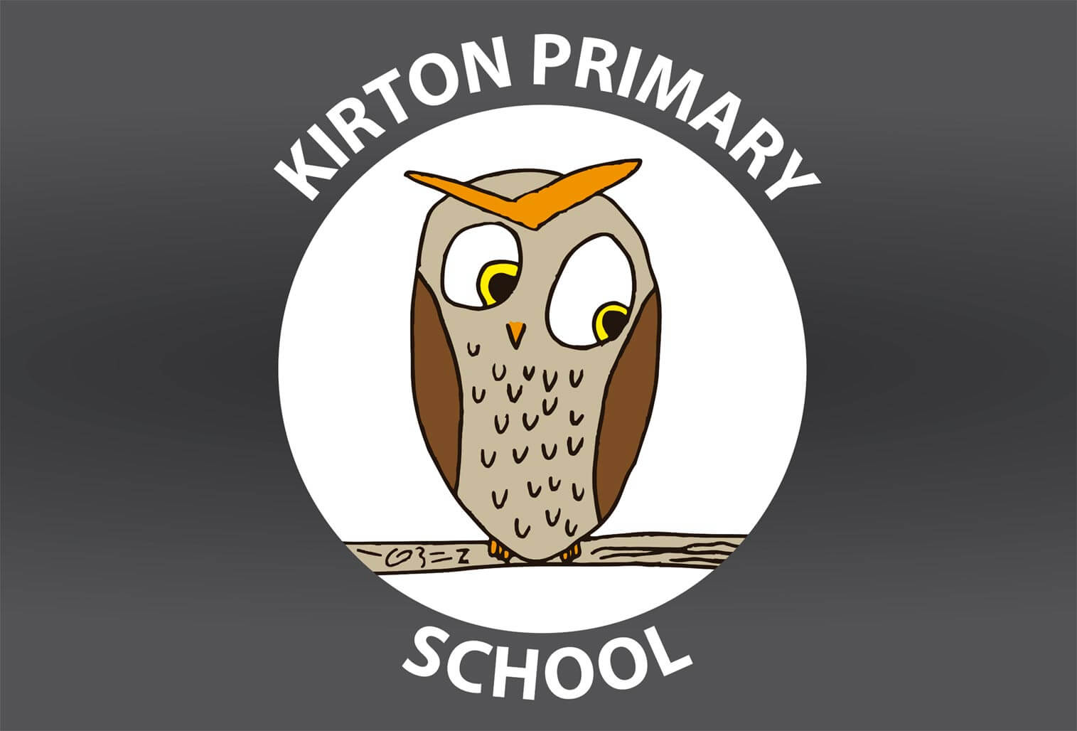 Kirton Primary School owl logo artwork, a cartoon owl perched on a branch inside a white circle on a dark grey background