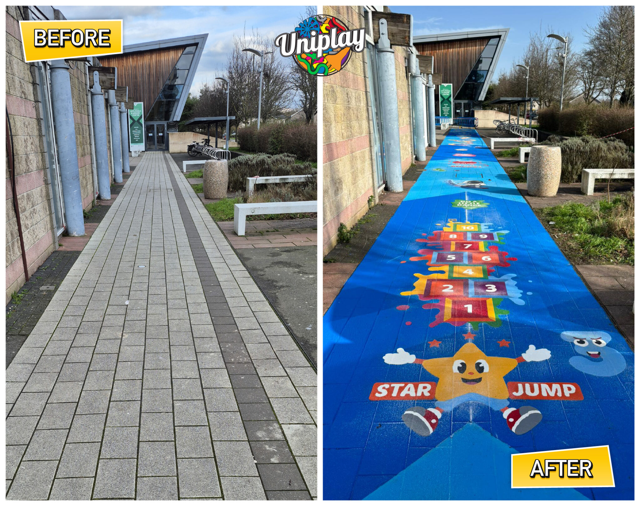 Before and after of the paved path outside Leys Pools and Leisure Centre, now a blue play corridor with splash hopscotch markings