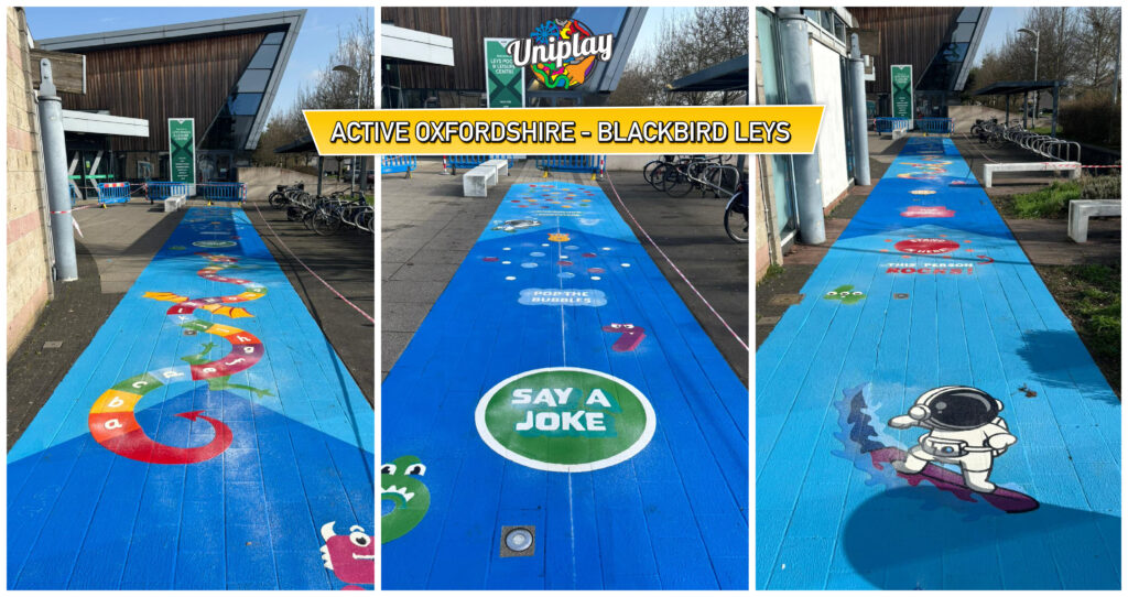 Three views of the blue play corridor markings at Blackbird Leys, with an a to z dragon, a Say a Joke circle and an astronaut surfer