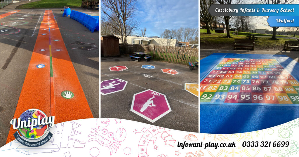 Cassiobury Infant and Nursery School markings: an orange hand print trail, hexagon activity spots and a 1 to 100 grid