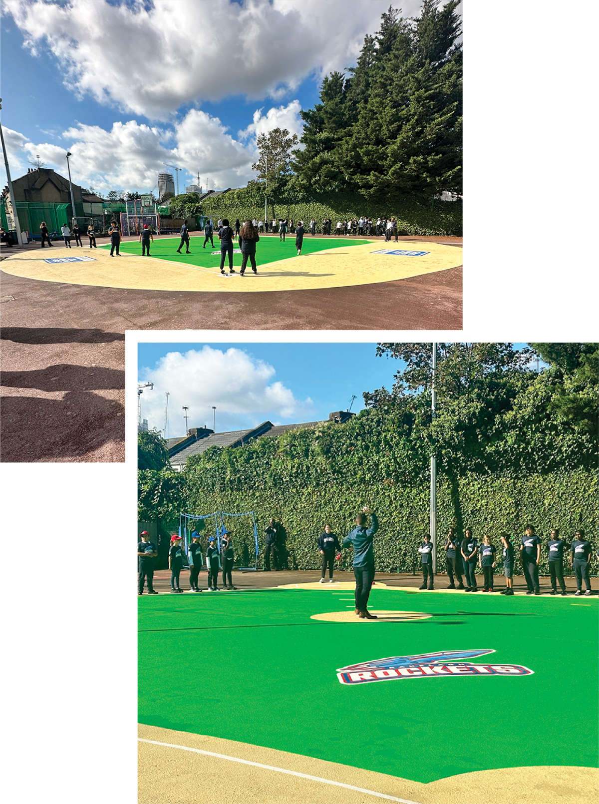 Pupils gather on the new green and sand baseball diamond, and a man pitches as children in Rockets shirts line up