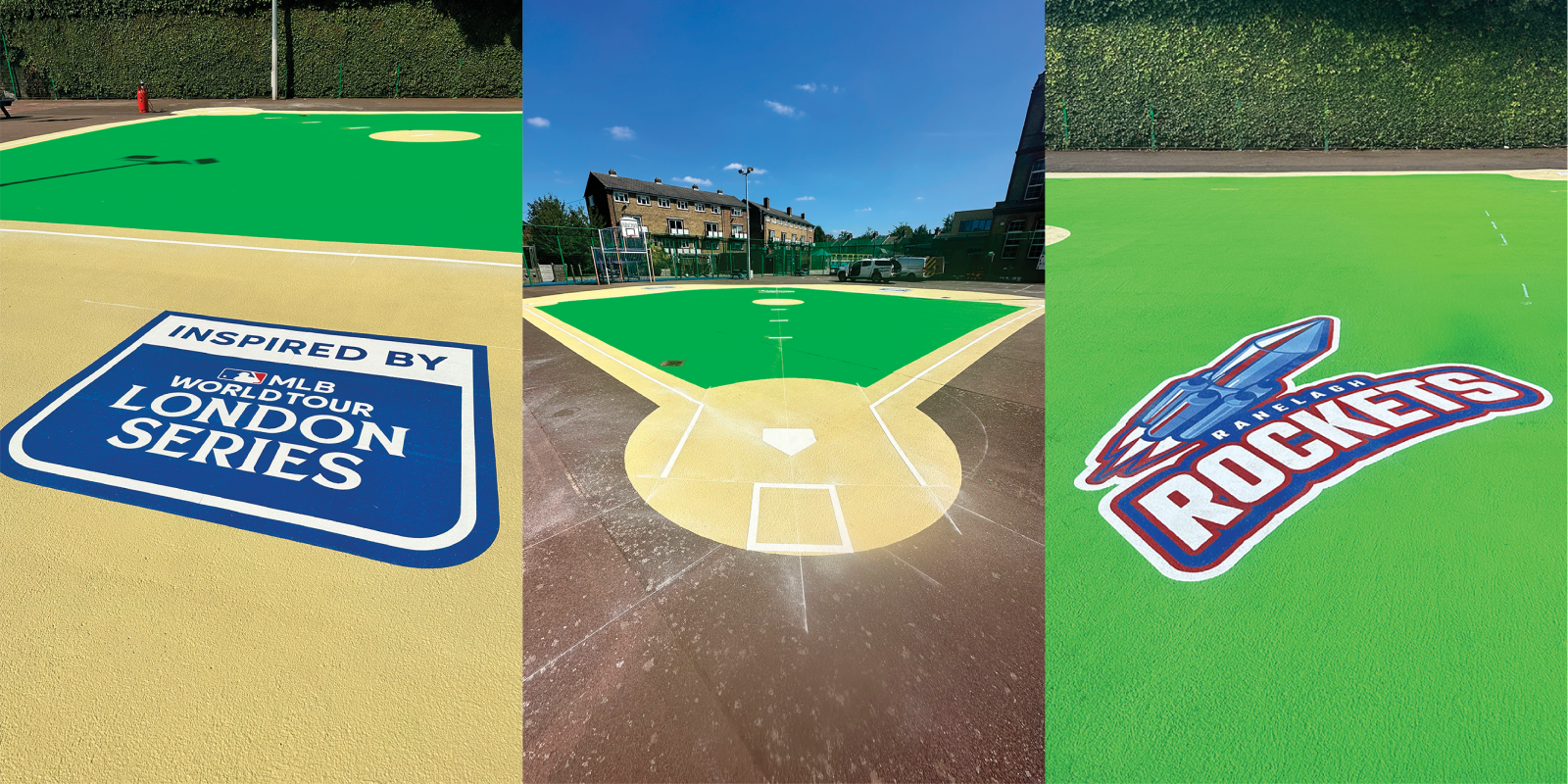 The MLB World Tour London Series badge, the diamond from home plate and the Ranelagh Rockets logo on the new baseball field