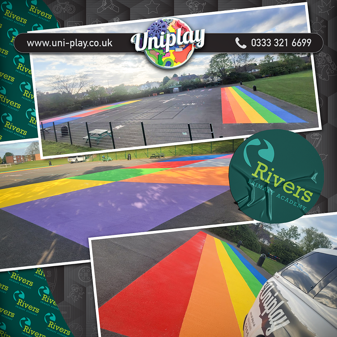 Collage of rainbow stripes and giant coloured triangles on the Rivers Primary Academy playground, with a Uniplay van