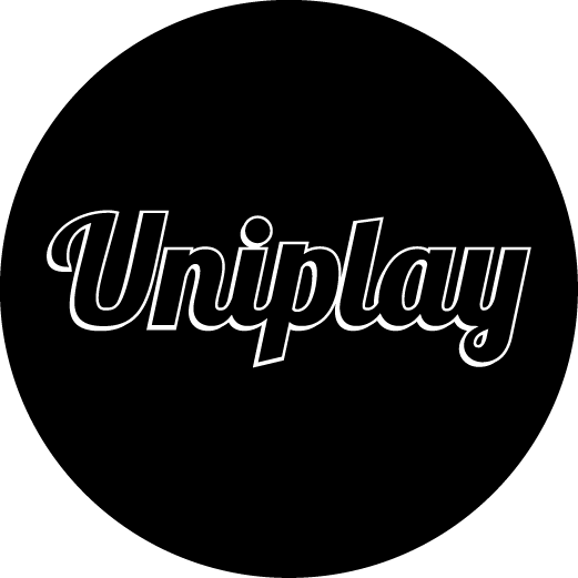 Uniplay logo, the company name in white outlined script lettering on a solid black circle