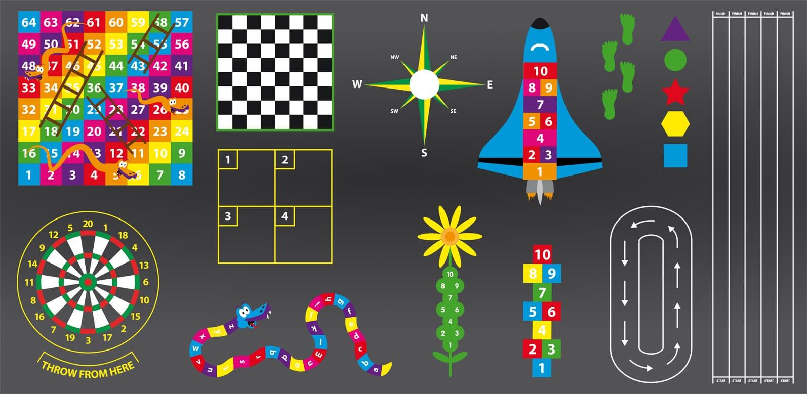 Design layout for Sheringham Primary School with snakes and ladders, a chessboard, compass, rocket hopscotch and a dartboard