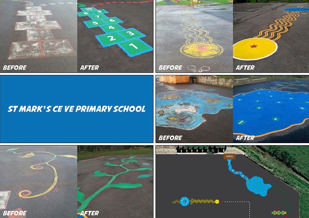 Before and after at St Mark's CE VE Primary School, as faded painted games become a green hopscotch and blue pond marking