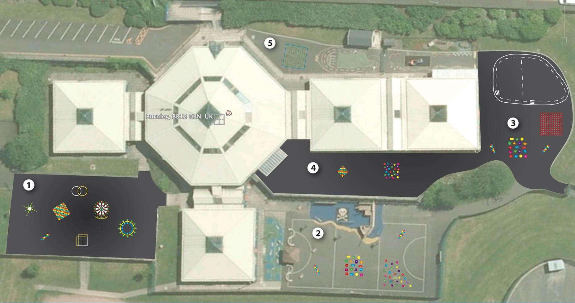 Aerial site plan of Stoneyholme Primary School in Burnley with five numbered zones of proposed games, including a road track