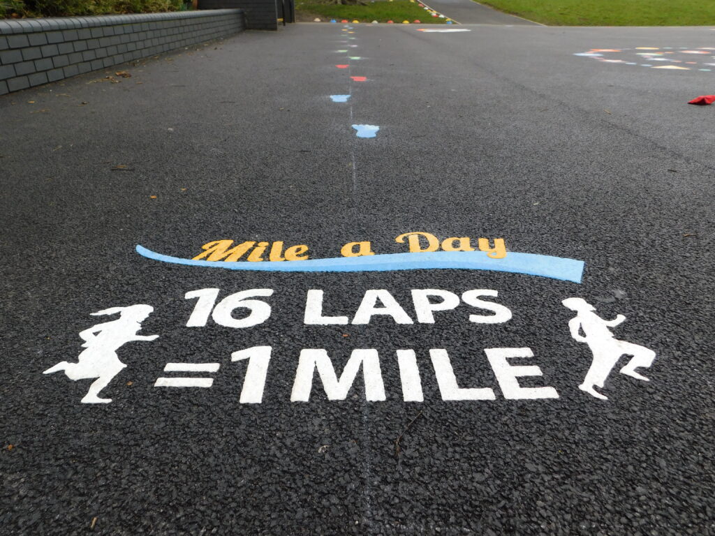 Looped daily mile running track around a school field