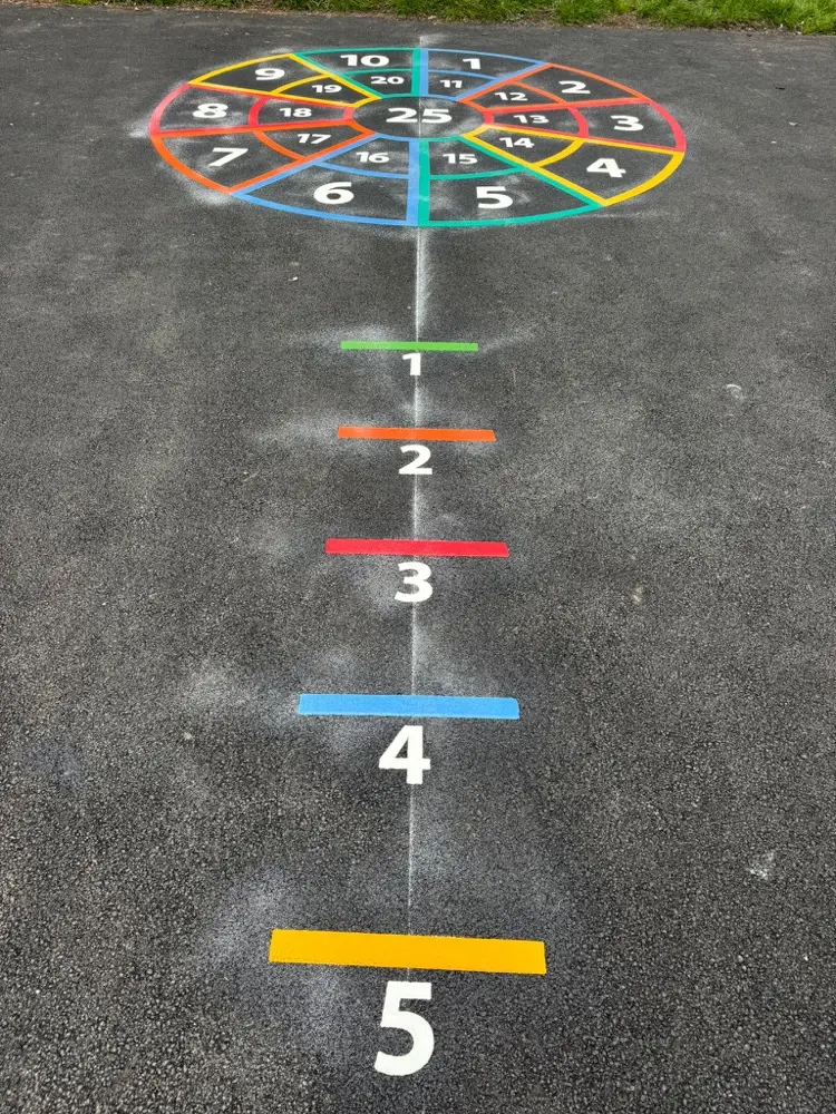 1 to 25 Outline Target with coloured segments and five numbered throwing lines on damp dark tarmac