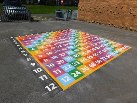 Rainbow 12 by 12 times table grid with a yellow border, marked on a playground next to a brick climbing wall