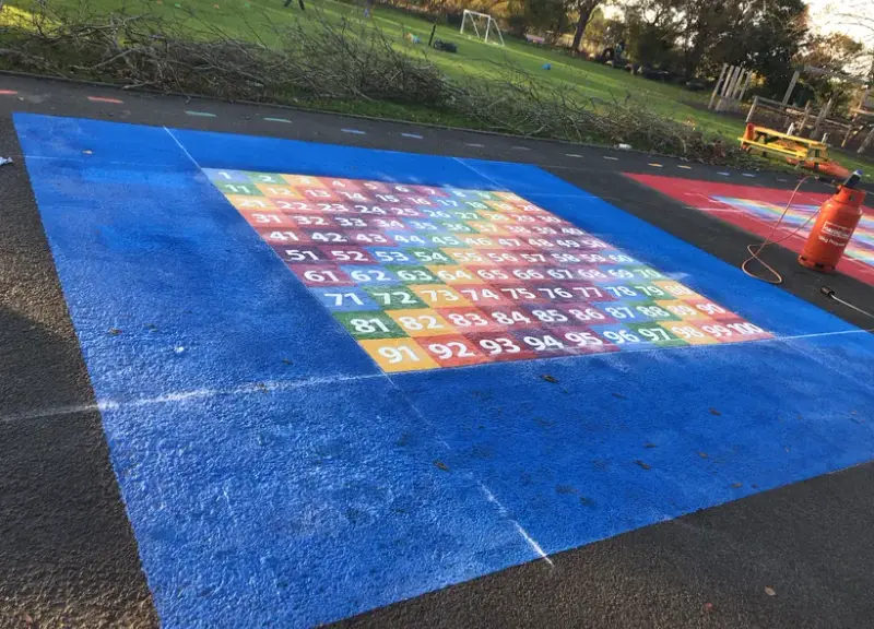 Rainbow thermoplastic 1 to 100 number grid on a freshly coated blue square, with an installer's gas bottle and a field behind